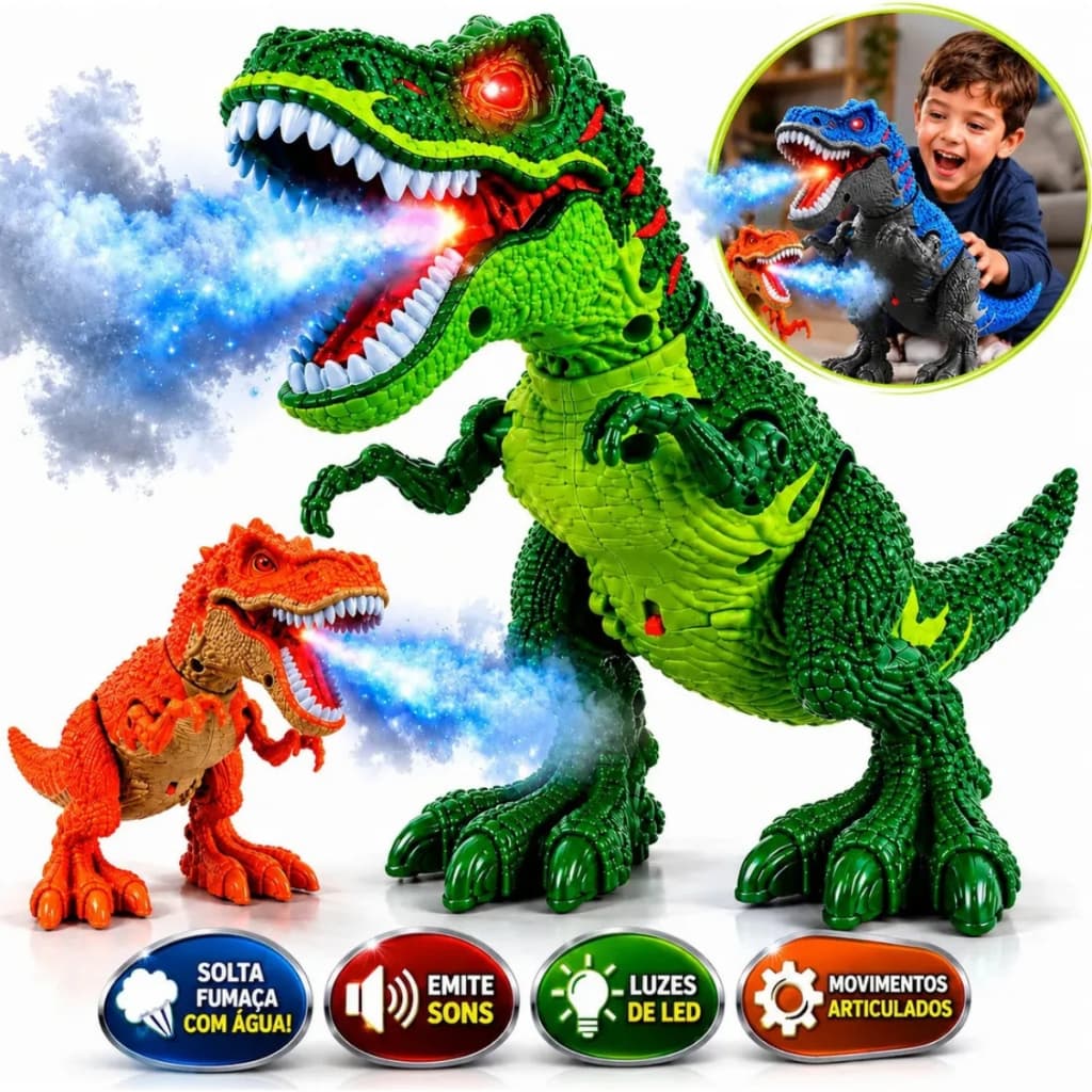 Dinossauro Rex Solta Fumaça Interativo Infantil Com Luz e Som