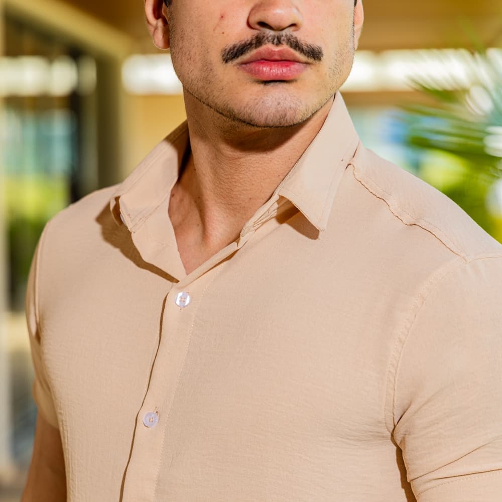 Camisa Social Masculina Manga Curta Texturizada Lycra Slim Fit Ver茫o