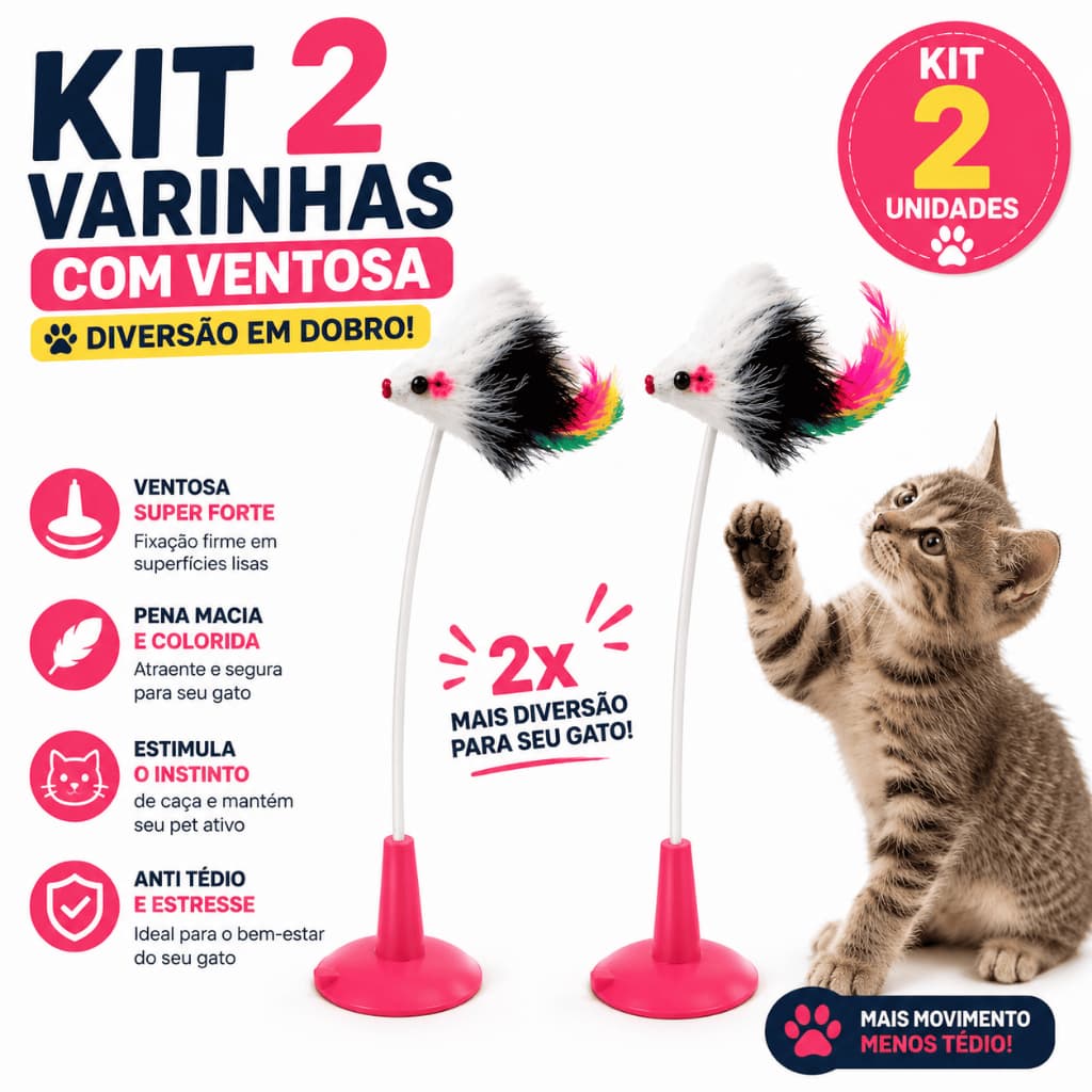 Kit 2 Varinhas com Ventosa para Gatos Brinquedo Interativo Anti Tédio Anti Estresse com Pena Colorida
