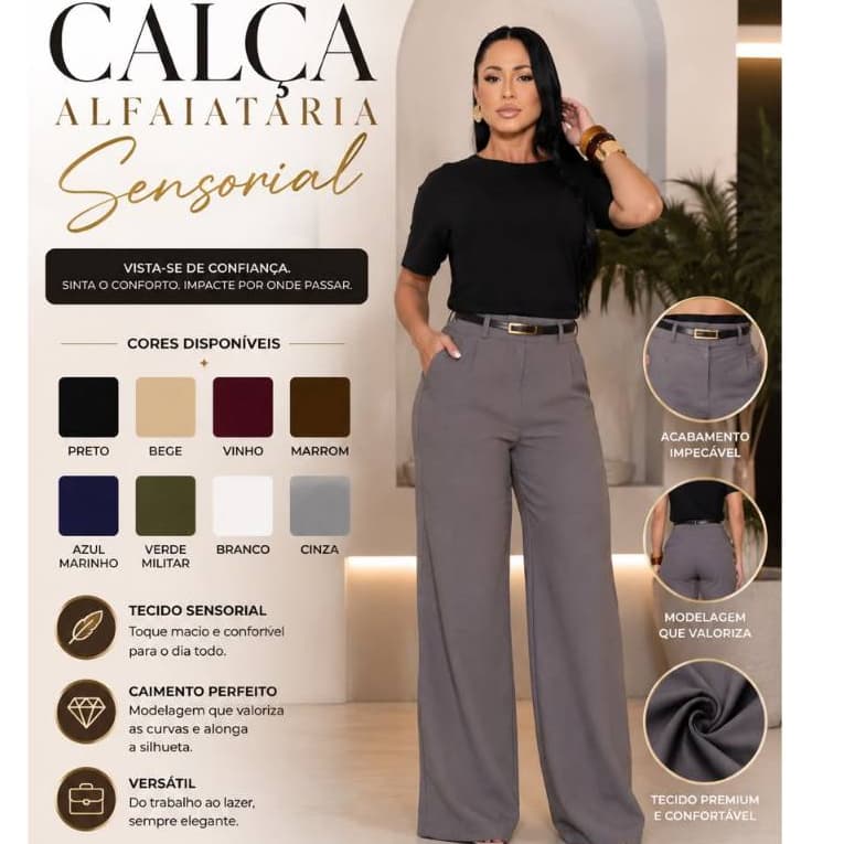 Calça Pantalona Feminina Alfaiataria Premium Elegante Marrant Sensorial Cintura Alta Confortavel Casual
