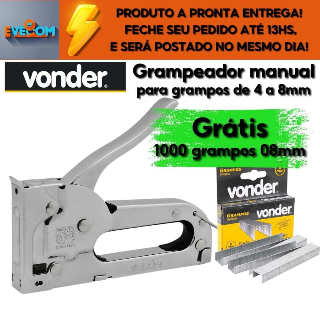 Grampeador Pinador Tapeceiro Marceneiro Manual em Aço Cromado  4-8mm Vonder + 1000 Grampos