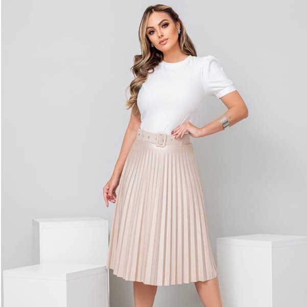 Saia Plissada Midi Com Cinto Cirre(fake couro)Moda Evangélico Moda Feminino Tendência Cod123