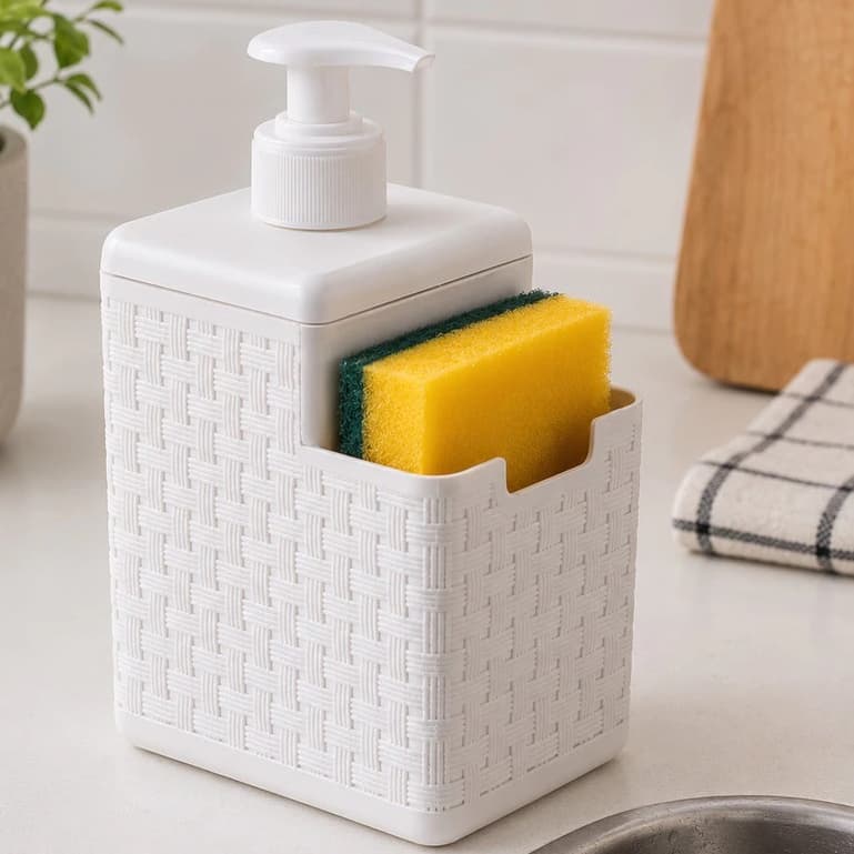 Dispenser de Detergente Rattan Branco com Porta Esponja e Bico Dosador Organizador de Pia