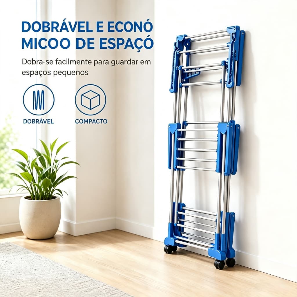 Varal De Chão Torre 3 Andares Retrátil Compacto, Dobrável e com Rodinhas