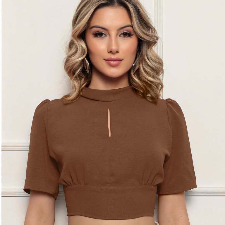 ALETHEIA - BLUSA CROPPED MANGA CURTA PRINCESA DUNAS ABERTO COM AMARRAÇAO ATRAS EML1116
