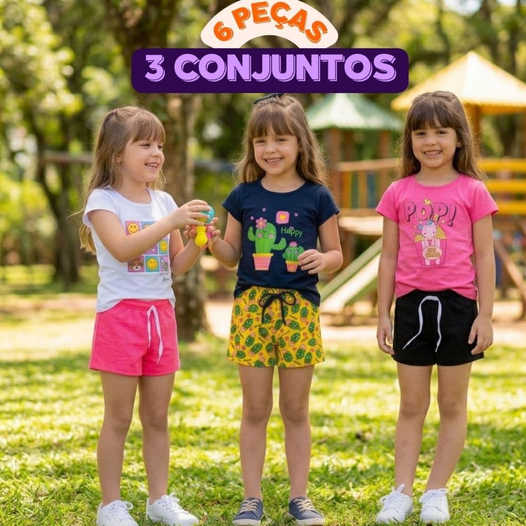 Kit 3 Conjuntos Infantil Menina Verão Roupa Feminina 6 Peças 3 Blusas + 3 Shorts Algodão 1 ao 8 Anos