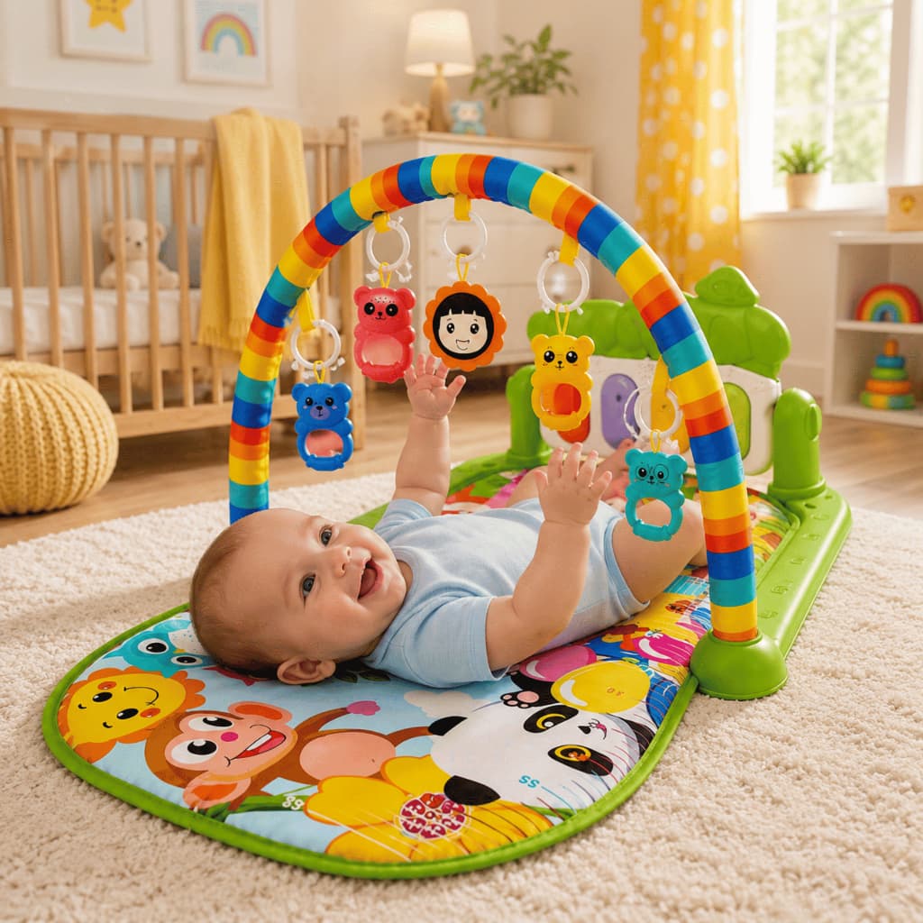 Tapete Musical Infantil para Bebê com Piano Chocalhos e Arco de Atividades