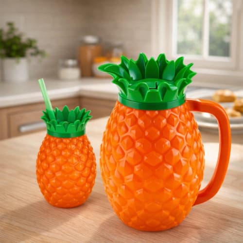 Kit Jarra Abacaxi Laranja 1,5L + 2 Copos laranjas  500ml com Canudo Tampa Festa Tropical Kit para Festa