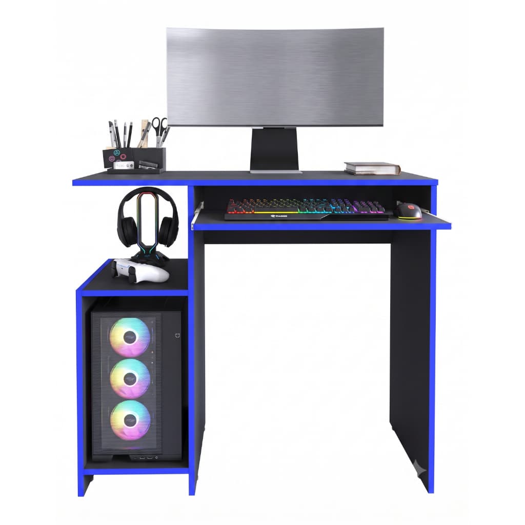 Escrivaninha Mesa Gamer Computador Nicho Suporte Cpu Teclado Preto Azul