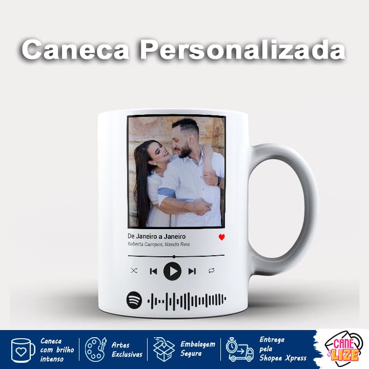 Caneca de Porcelana Spotify Personalizada com Foto e Música | Arte Estilo Player + Código Spotify da Sua Música