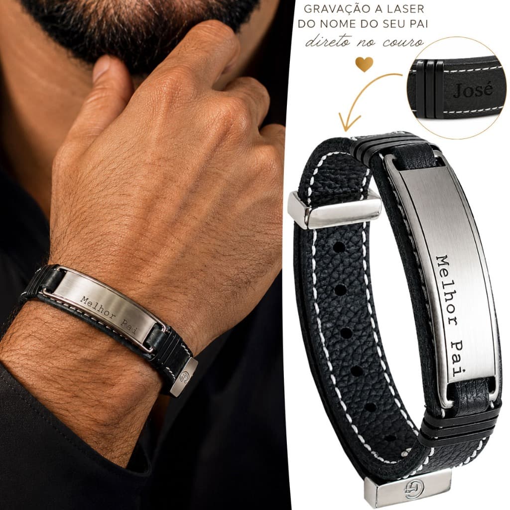 Pulseira Masculina Ajustável Excelente Pai em Couro | Grave o Nome do Seu Pai | Embalagem Premium