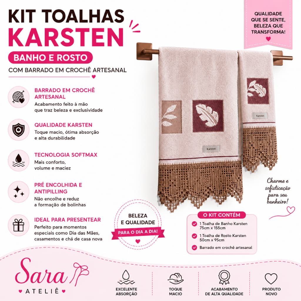 Kit Toalha Banho e Rosto Karsten com Barrado em Crochê Artesanal – Jogo de Toalhas Premium | Macia Super Absorvente