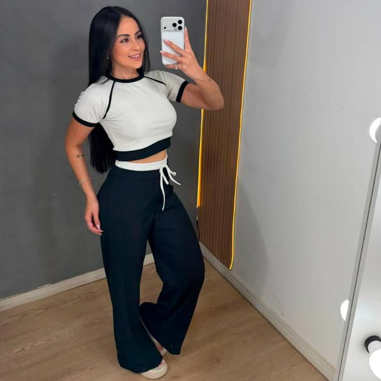 Conjunto Feminino Aerolook Cropeed com Calça Pantalona Cos Duplo Alto Tendência Premium