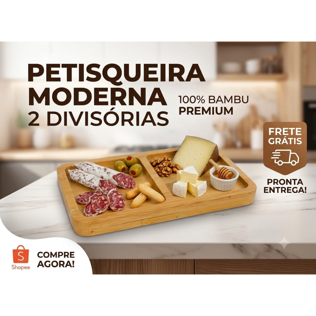 Petisqueira De Bambu 2 Divisórias Tábua De Frios Servir Mesa Posta