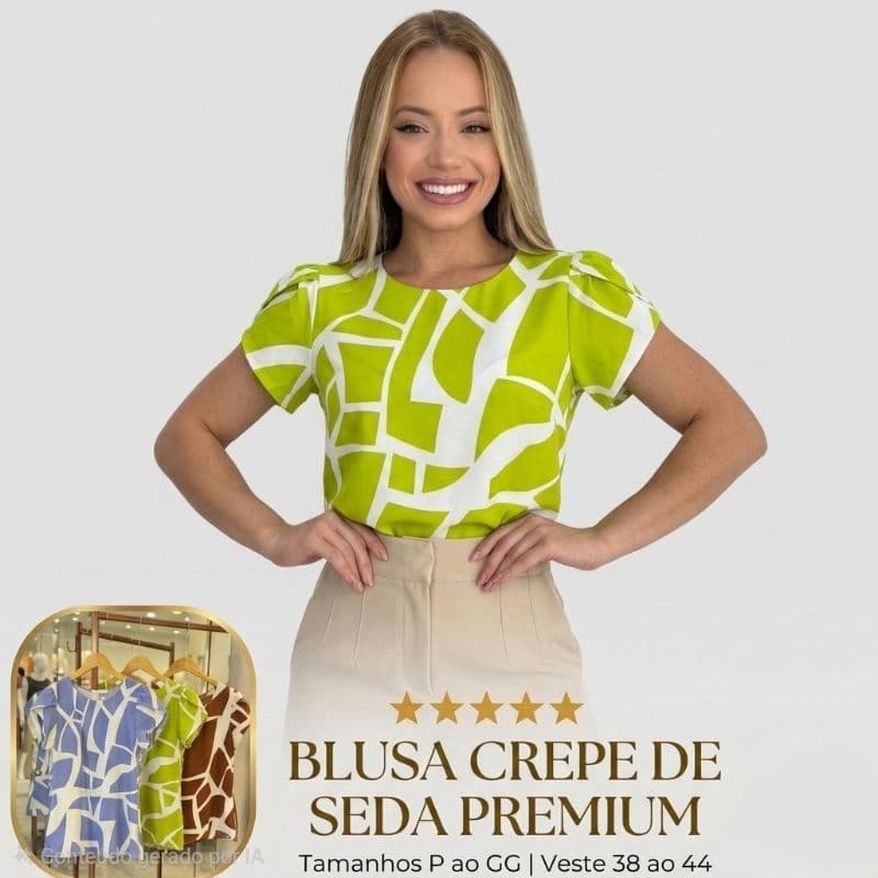 ​Blusa Feminina Crepe De Seda Premium Estampada Manga Princesa Puff Geométrica Moda Evangélica Cristã Social Soltinha