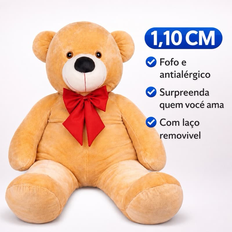 Urso Gigante Pelúcia Grande Teddy Com Laço 1,10m Super Macio Premium Presente Fofo namorados