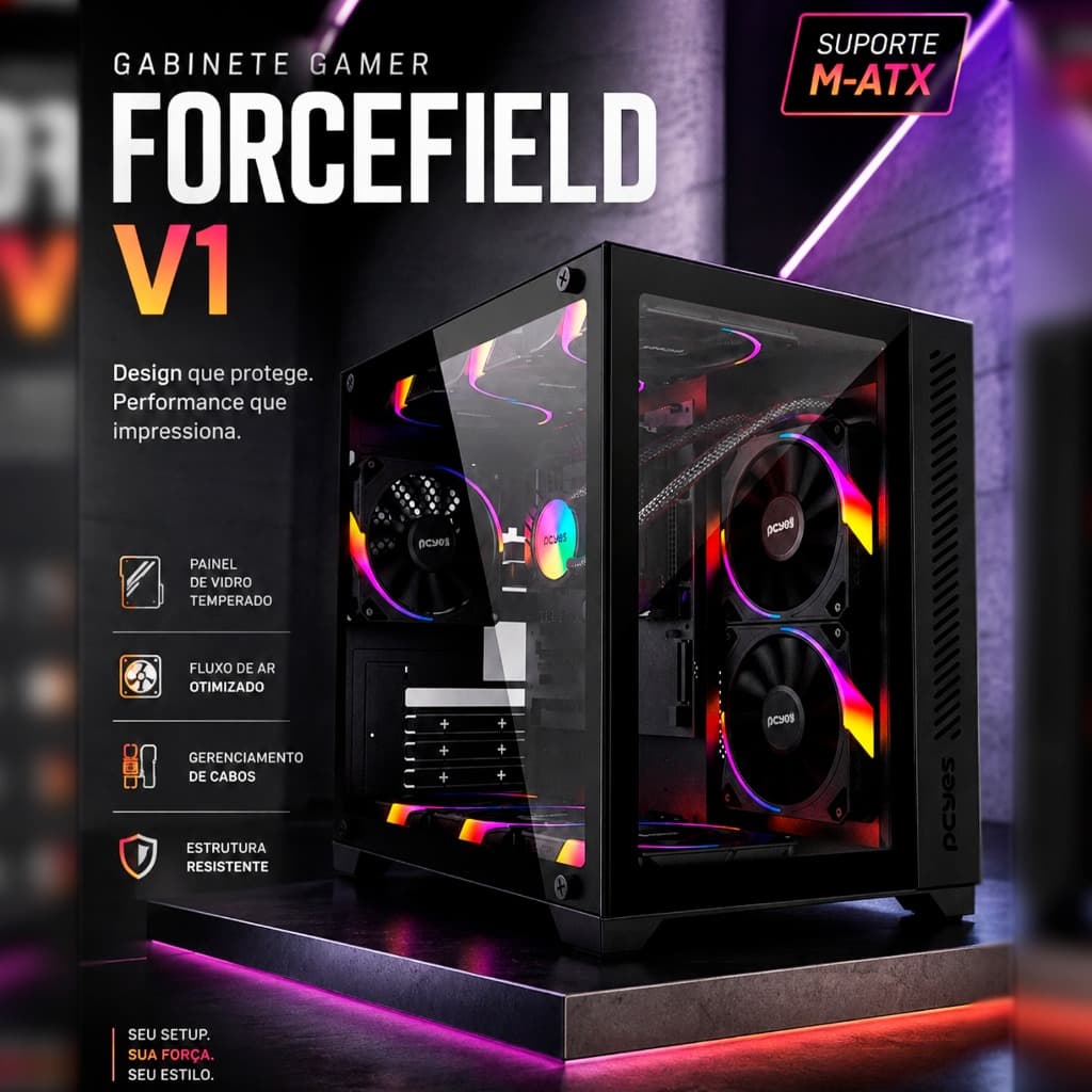 GABINETE GAMER AQUARIO FORCEFIELD V1 BLACK PCYES