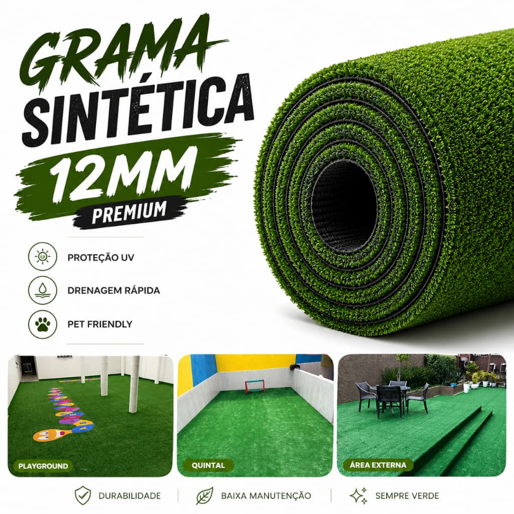 Grama Sintética 12mm Premium 5m² | 10m² | 15m² | 20m²  COM DRENAGEM Piscina Playground Jardim