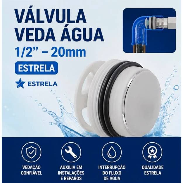 Válvula Veda Água 1/2 20mm Estrela Vedação para Instalações Hidráulicas