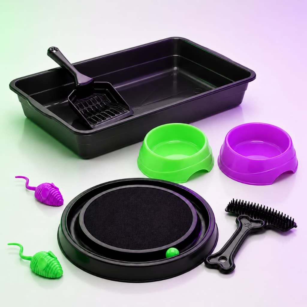 Kit Completo Gatos 8 Itens Caixa de Areia Arranhador Brinquedos Comedouros Pá Escova Preto e Neon