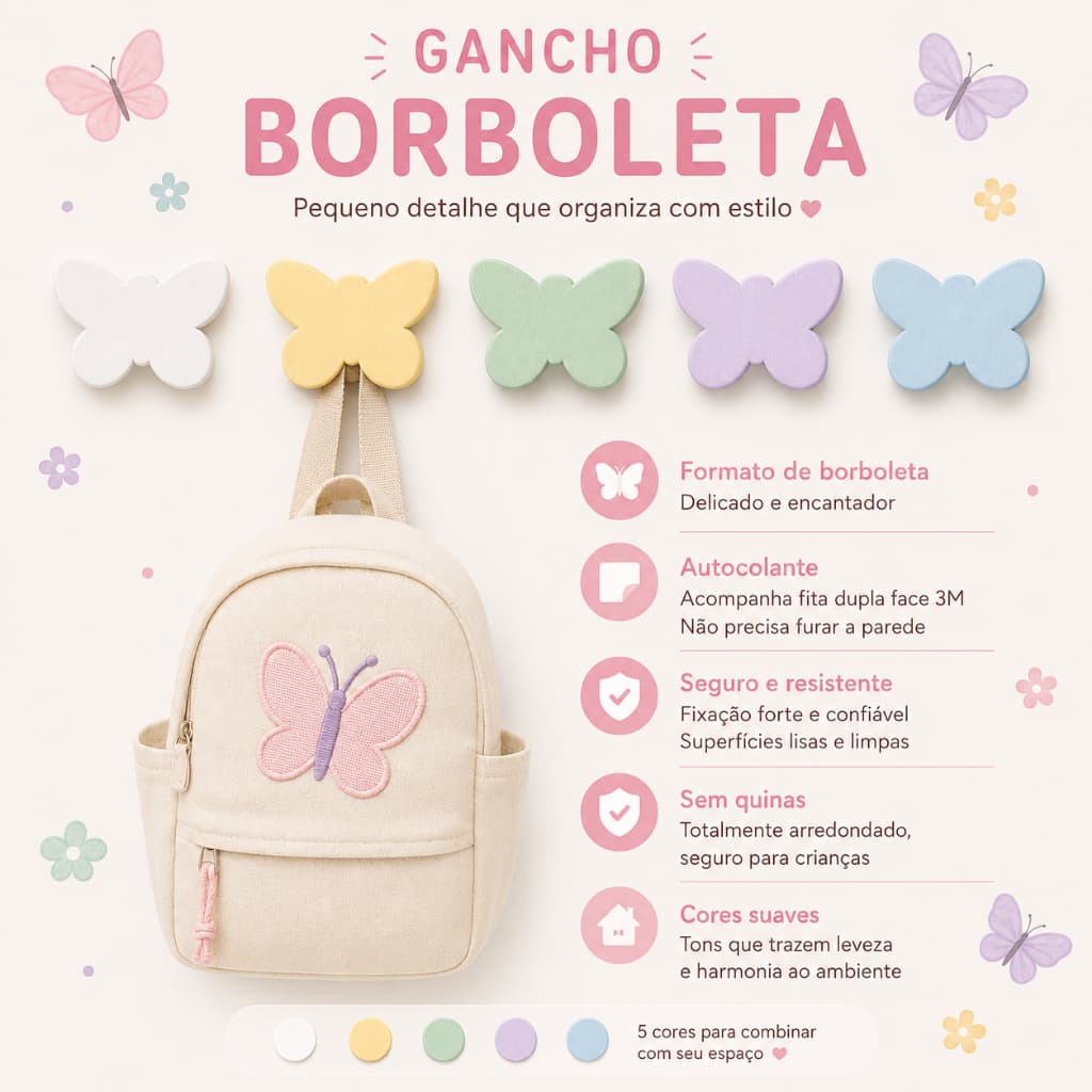 Gancho Infantil Adesivo Borboleta Fita 3M | Sem Furar Parede | Quarto Infantil