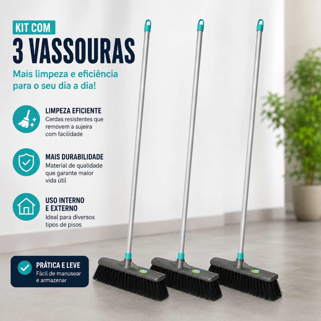 Kit 3 Vassourão Gari Limpeza Pesada Casa 60cm Profissional Com Cabo