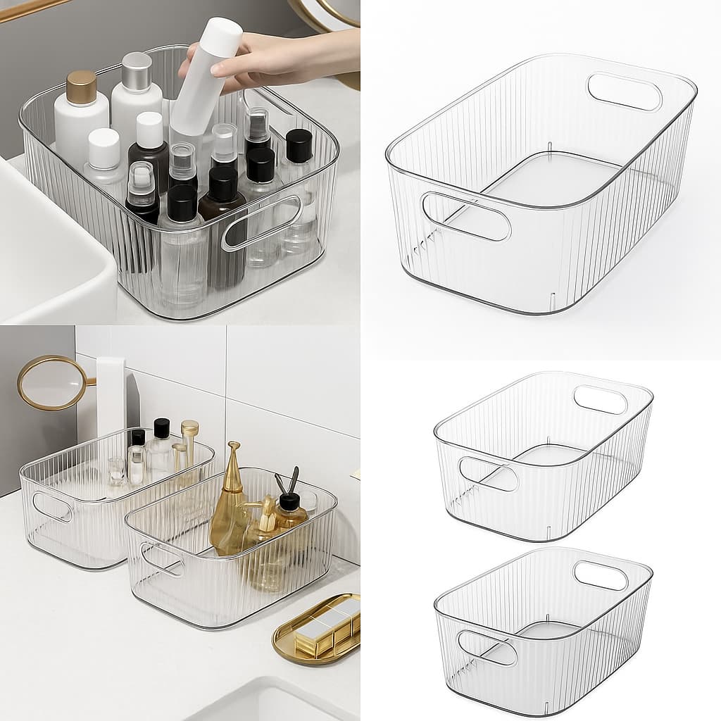 Kit Caixa de Armazenamento Decorativa Transparente Com Alça Banheiro Penteadeira Multiuso