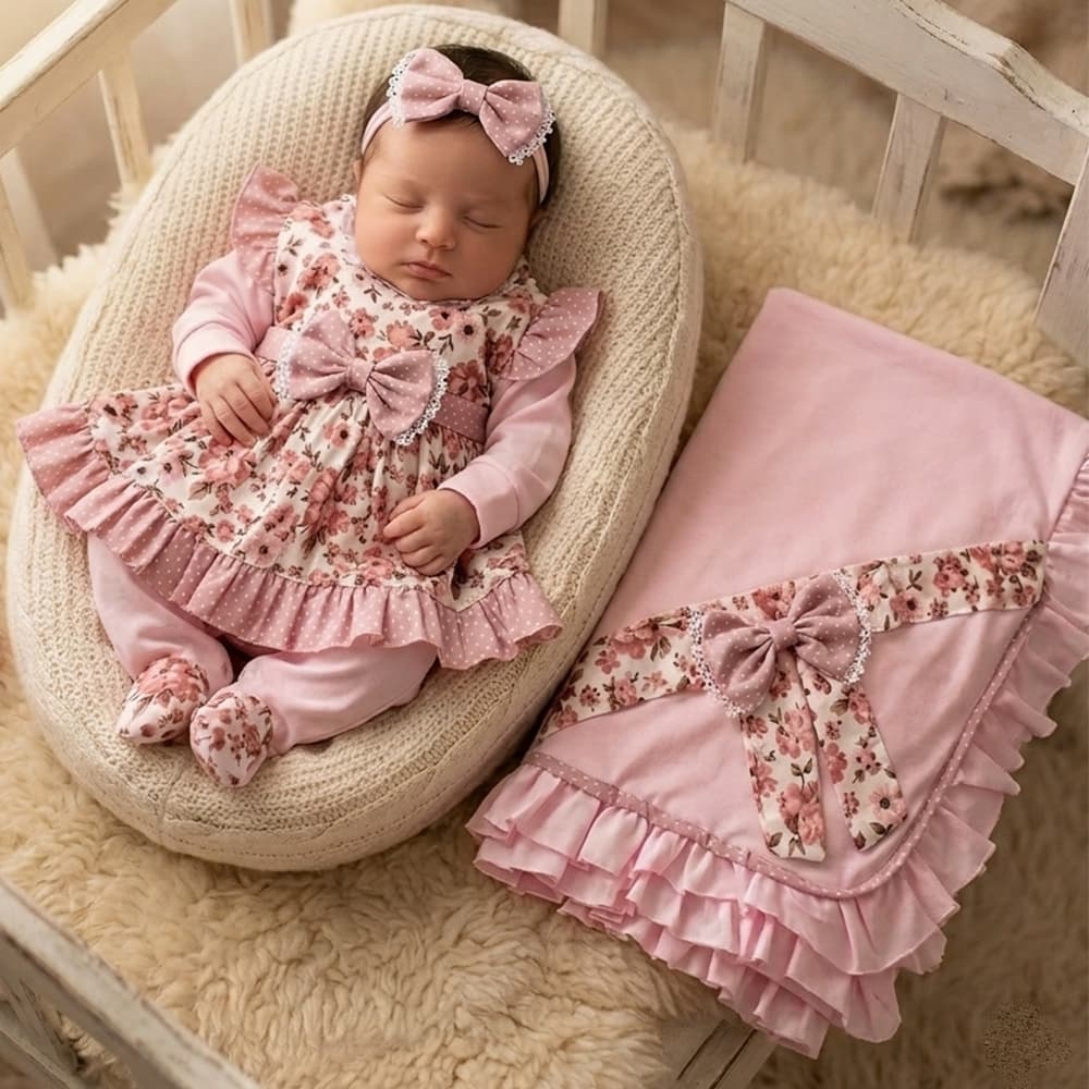 Saída de Maternidade Menina Isis Rosê Luxo Floral Delicada 05 Peças