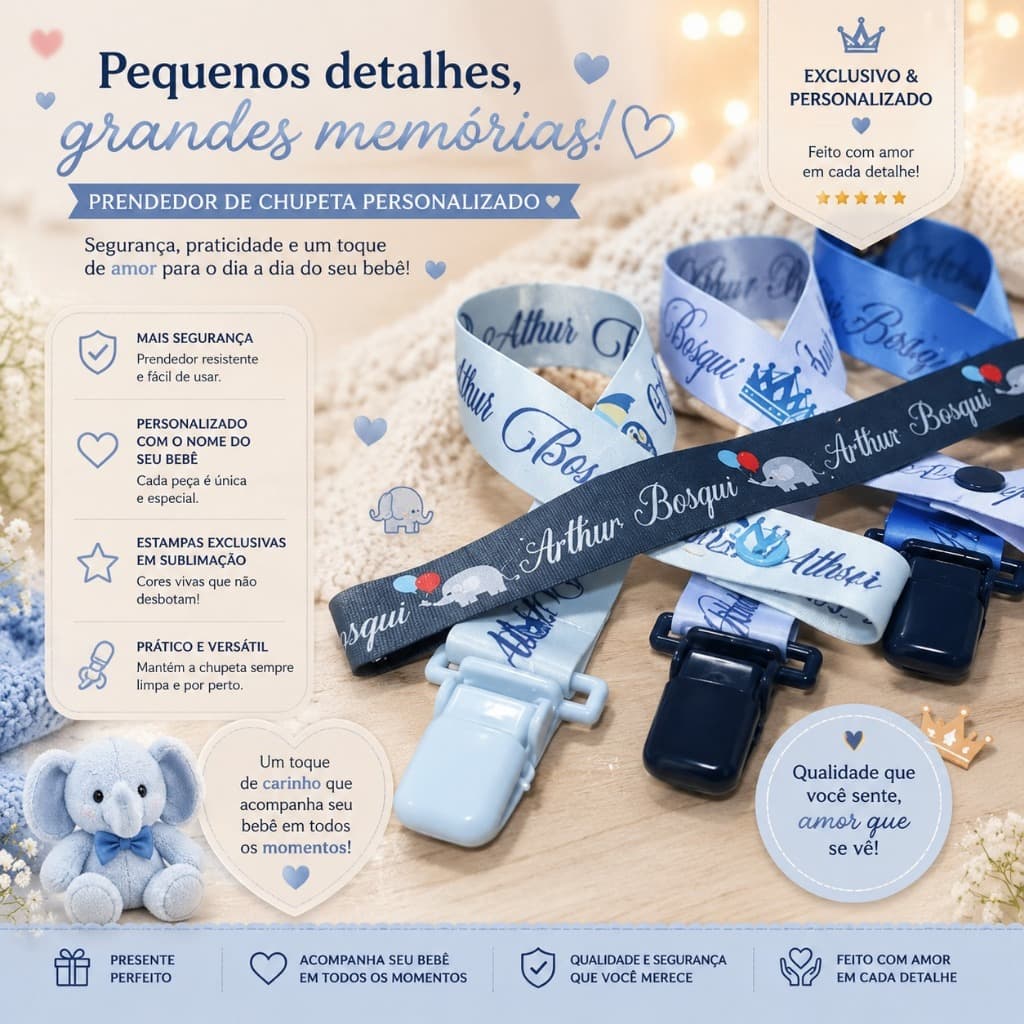 Kit Exclusivo: 3 Prendedores de Chupeta Personalizados – Estampas Únicas!