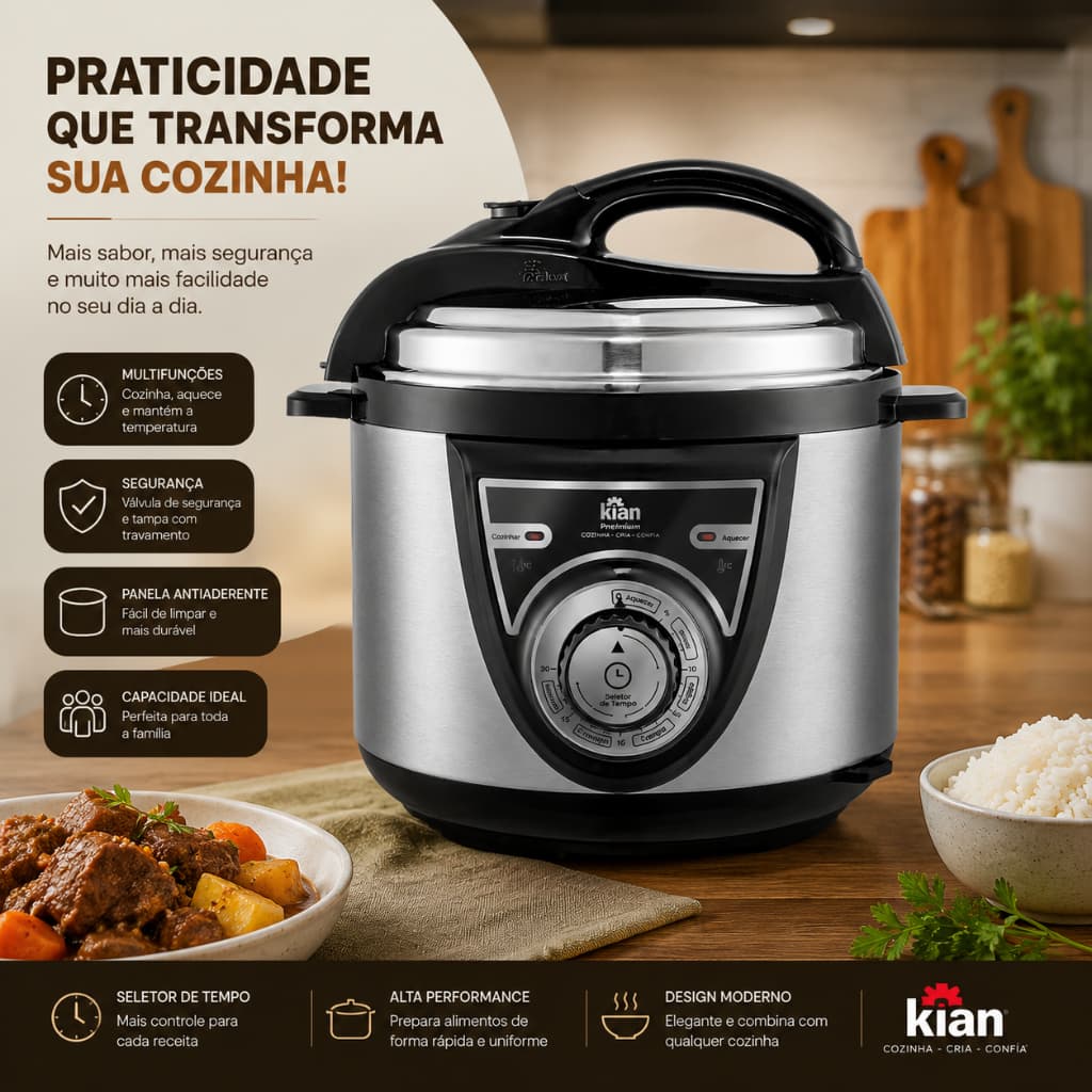 Panela de Pressão Elétrica Kian 4L Inox 800W Cuba Antiaderente Timer Função Aquecer Original