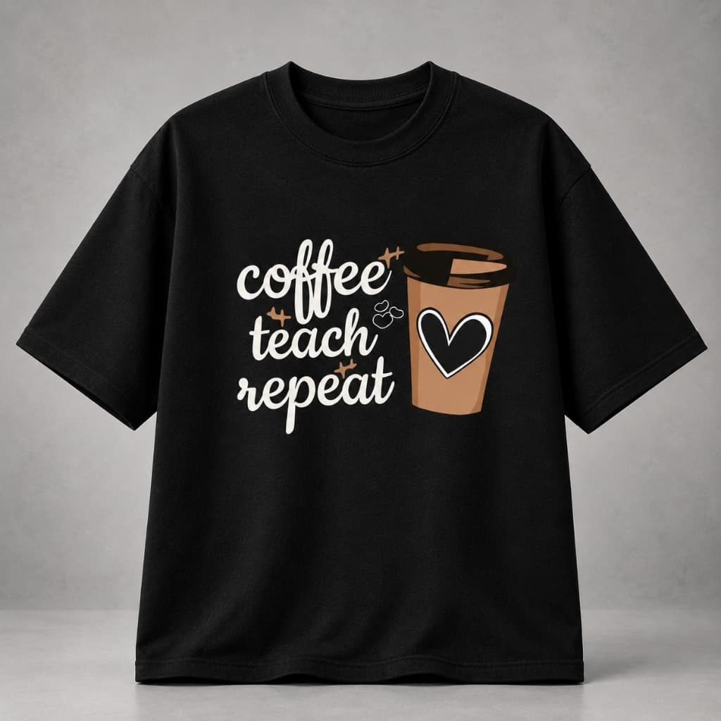 Camiseta Coffee Teach Repeat Estampa Criativa para Professores e Amantes de Café – Unissex Manga Curta