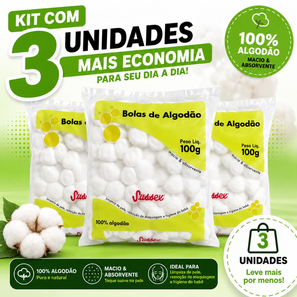 KIT C/3 UN ALGODÃO SUSSEX BOLA BRANCA 100 GRS
