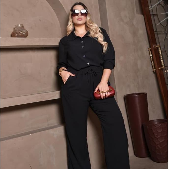 Conjunto Blusa Manga Longa + Calça Wide Leg Pantalona Duna Plus Size Alfaiataria Social Sofisticada