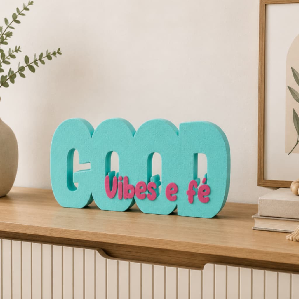 Placa Decorativa Good Vibes e Fé Cristã Enfeite para Mesa Presente Religioso Decoração Sala e Quarto