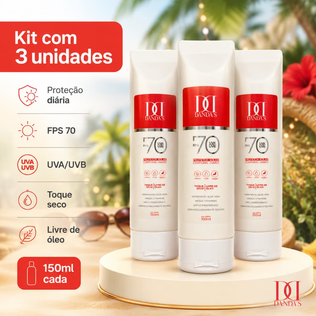 kit 3 Antissinais, Protetor solar 70FPS DANDAS, 150 ml -Toque Seco ROSTO E CORPO VEGANO UVA/UVB