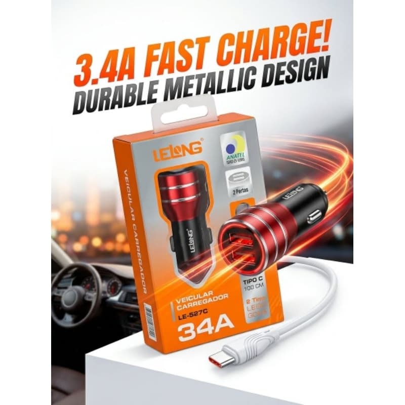 Carregador veicular Turbo + Cabo de celular Incluso Lelong LE-527C Turbo 3.4A 2 USB Com Cabo Tipo C  Homologado Anatel