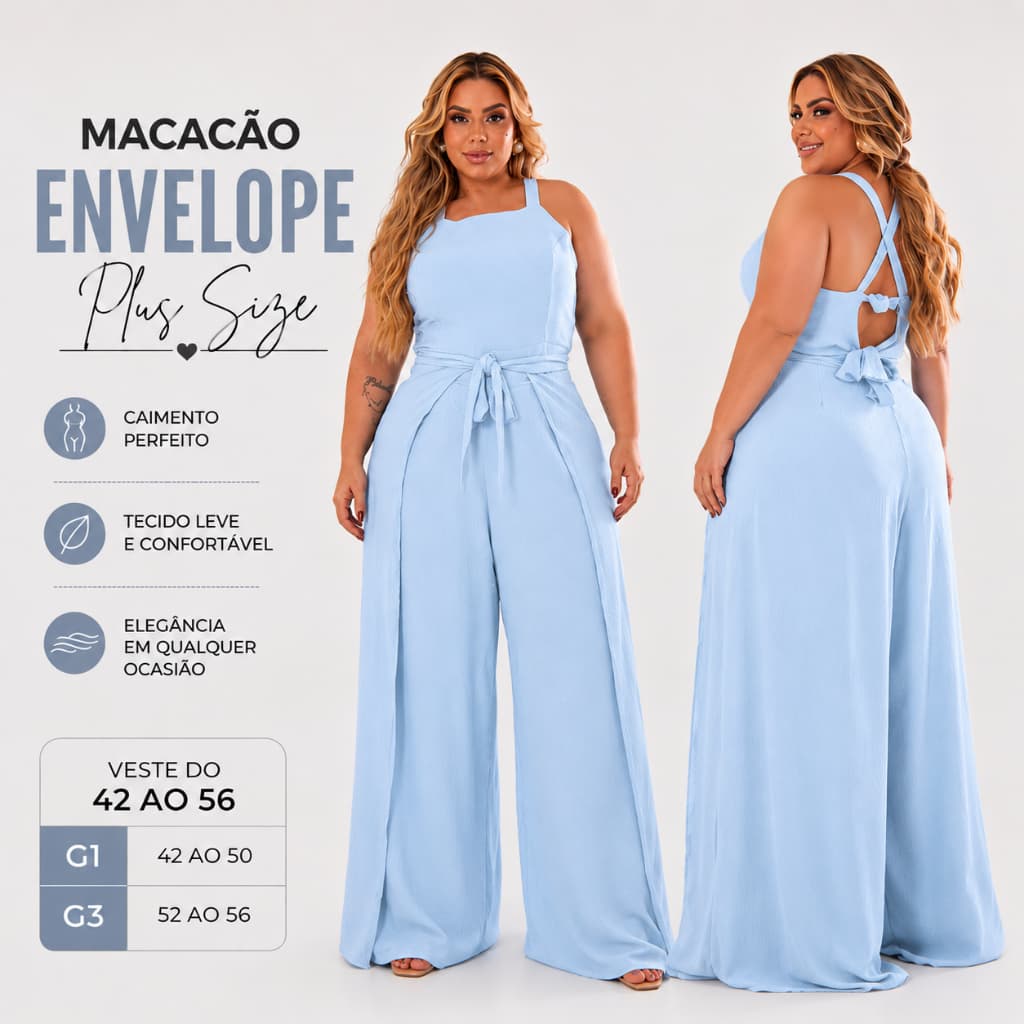 Macacão Feminino Envelope Plus Size Pantalona com Faixa na Cintura em Crepe Dunas do 48 ao 52