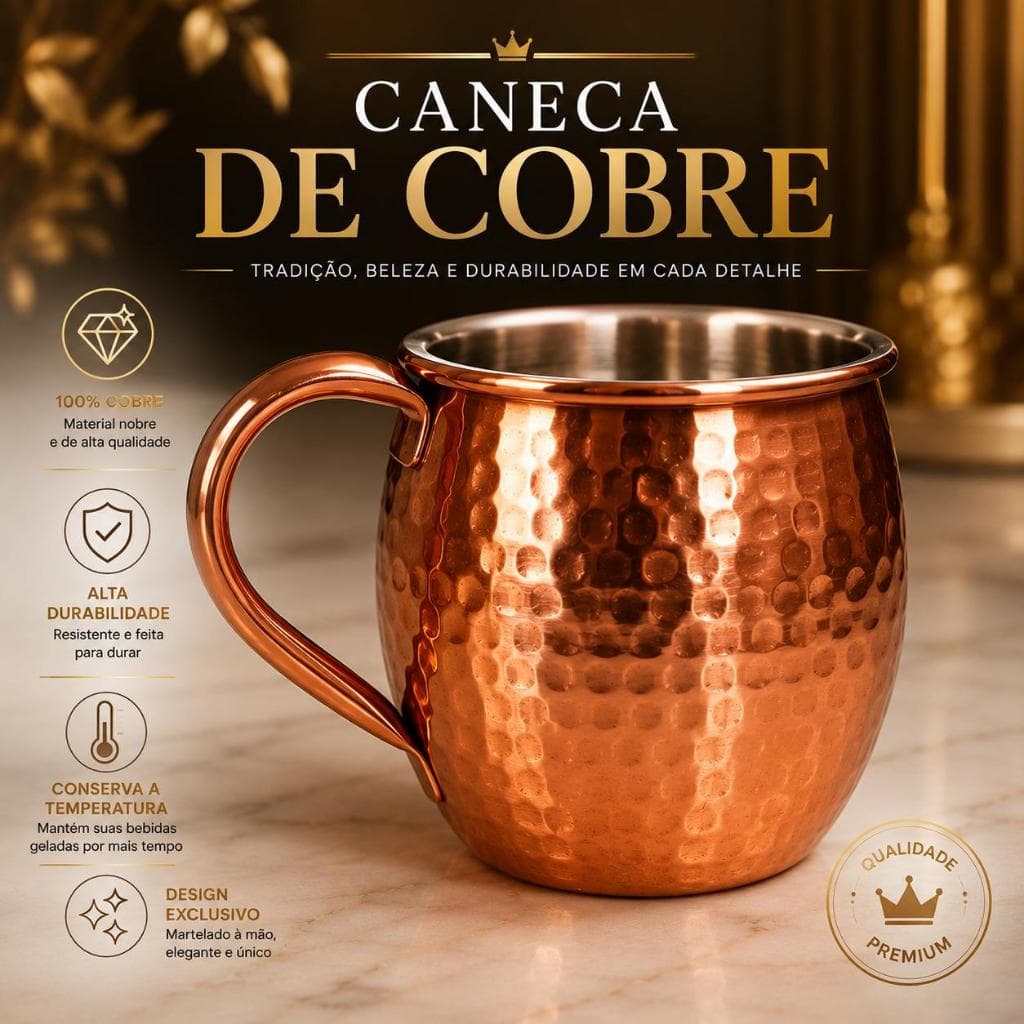 Caneca Moscow Mule Aço Inox Cobre Martelado Grande Allplus