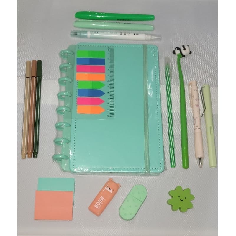 Kit Escolar Papelaria Fofa Kawaii VERDE 16 Itens|Caderno de Discos A5|Kit Completo|Presente Criativo