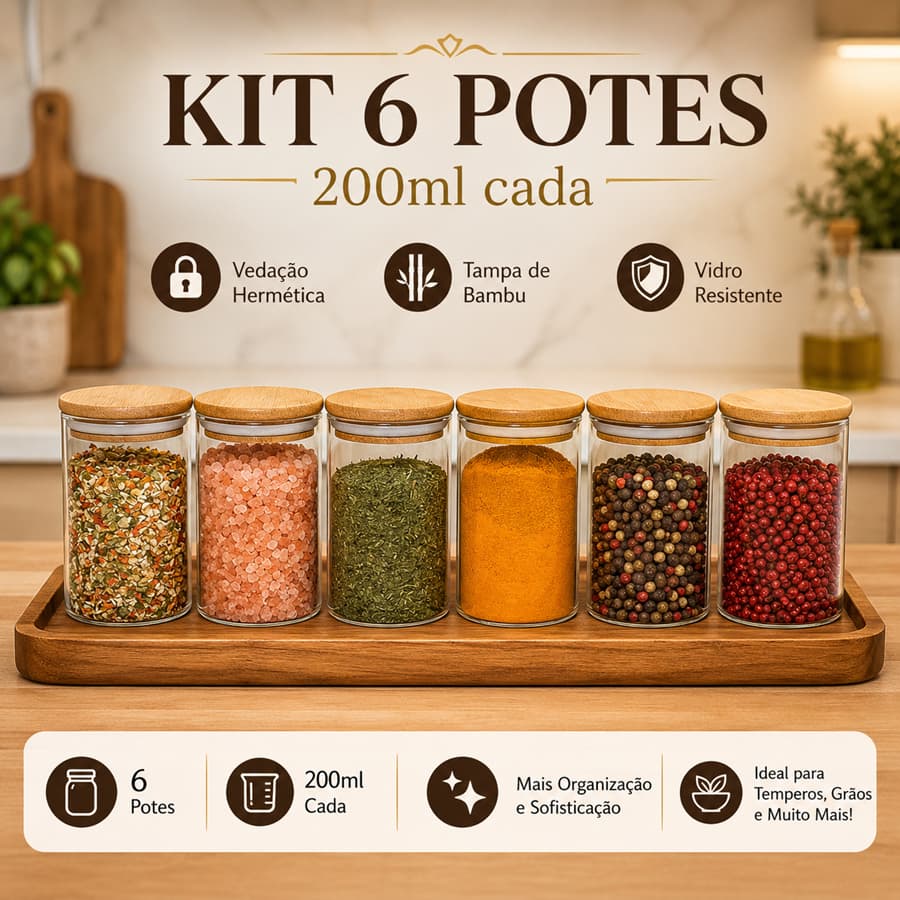 Conjunto 6 Potes De Vidro Hermético 200ml Porta Mantimentos Com Tampa De Bambu