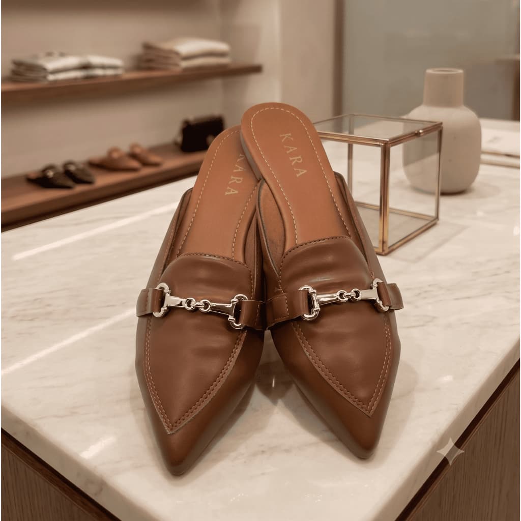 Mule Feminino Marrom Bico Fino Rasteira Confortável Elegante Dia a Dia