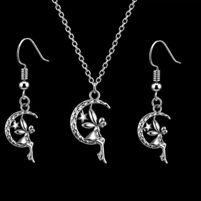 Conjunto  Fada na Lua Aço Inox Prateado Feminino Presente Delicado