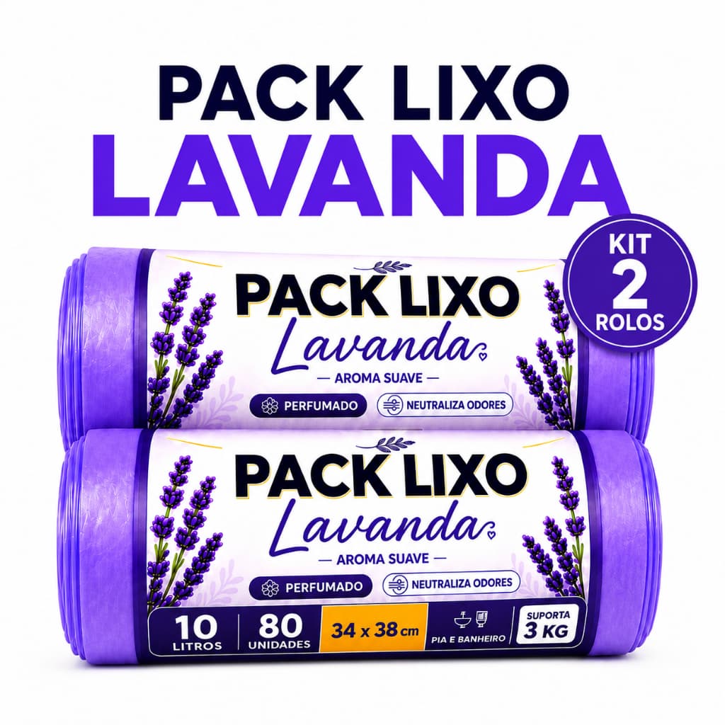 Saco de Lixo Perfumado Aroma Lavanda Kit 2 Rolos 80 Unidades 10 Litros 34x38cm Suporta 3kg Pia e Banheiro Antiodor