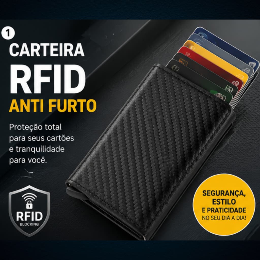 Carteira Porta Cartaõ Rfid Antifurto Fibra de Carbono com botão ejetor de Cartões