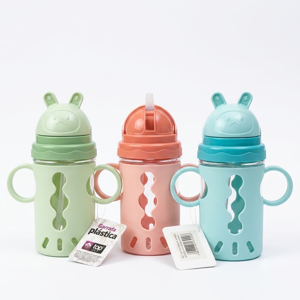 Garrafa Plastica Infantil 300ml Canudo Silicone Alça Rosa Azul Verde