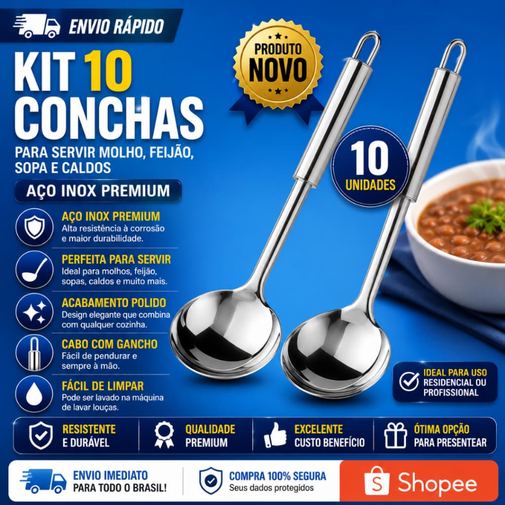 Kit 10 e 5 Concha Para Servir Molho Feijão Sopa Caldos Utensílios Metal Aço Inox Cozinha