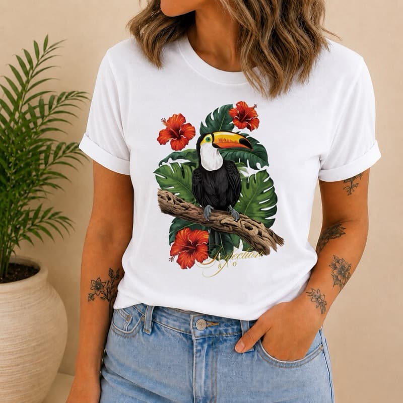 Camiseta Feminina Tucano Tropical Estampada Algodão Premium Manga Curta Casual Confortável Laranja