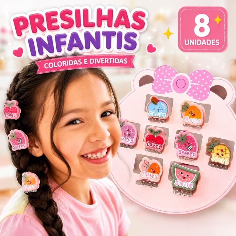Presilha Infantil Colorida – Cartela com 8 peças - Acessório de Cabelo fofo para menina