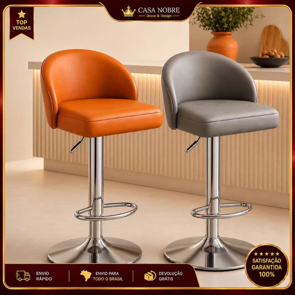 Banqueta Alta Estofada Ergonômica Unidades Regulagem Altura Giratória 360 Base Cromada Para Ilha Cozinha Pub