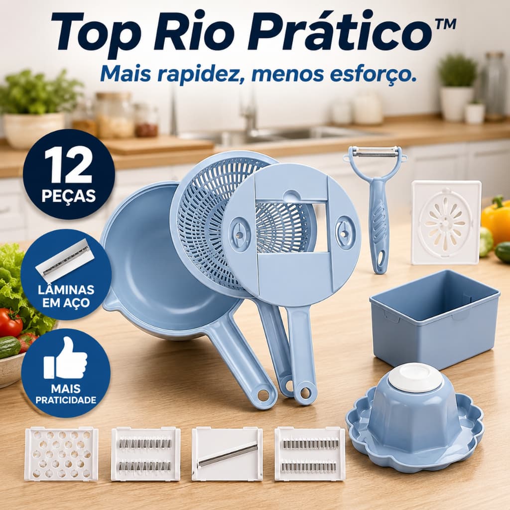 Top Rio Prático Kit Ralador Fatiador Multifuncional 12 Peças Cortador de Legumes Frutas e Vegetais com Escorredor